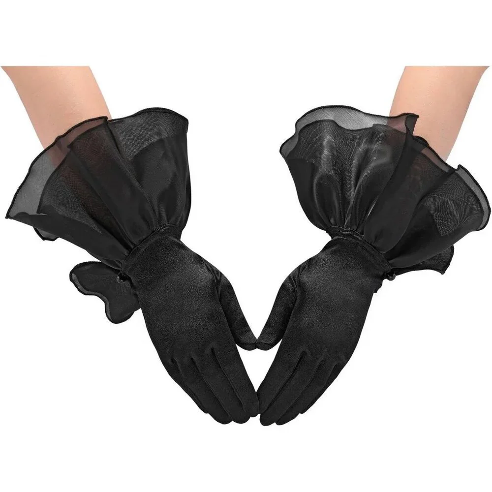 Women's Fancy Satin Petal Black Gloves Wedding Dress Formal Party Cosplay